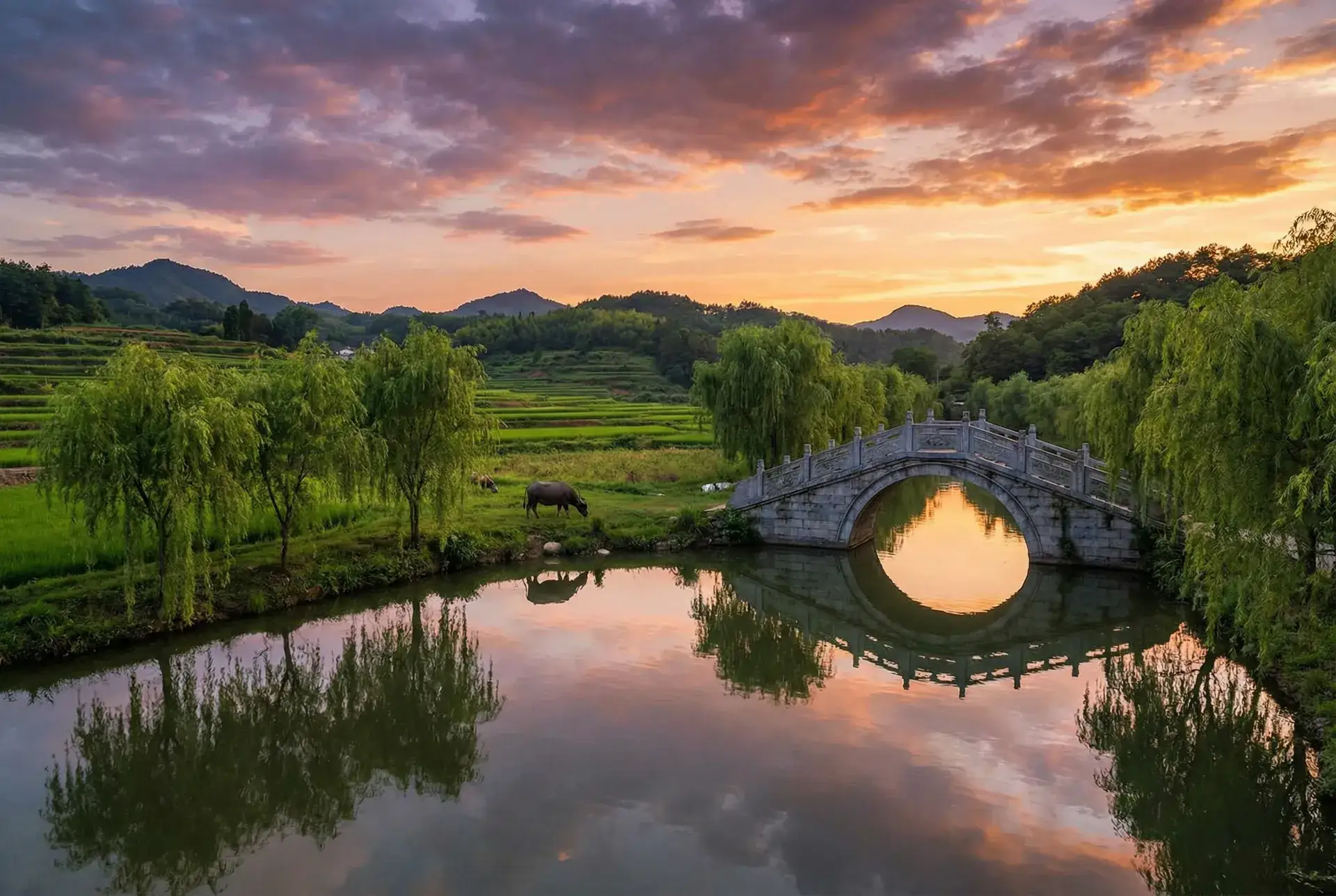 夕阳下的石拱桥与垂柳，水牛在河边吃草 - mm1313 乡村美景